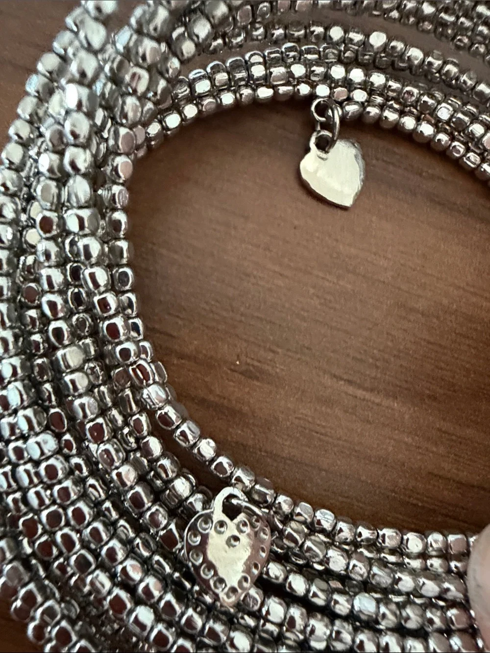 Stella and Dot Signature Silver Beaded Multi-Strand Wrap Bracelet Double Hearts
